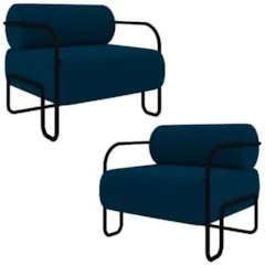 Poltrona Decorativa para Sala Industrial Kit 2 Kira K04 Veludo Azul -