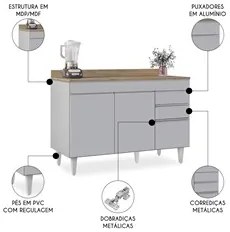 Balcão de Cozinha Para Pia 120cm com Tampo Michigan Cinza Claro/Castan