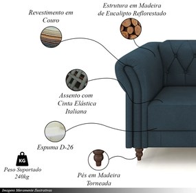 Sofá Living Sala de Estar Stanford Chesterfield 3 Lugares 260cm Pés de Madeira Couro Azul Marinho G58 - Gran Belo