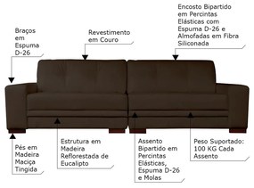 Sofá 4 Lugares Bipartido Sala de Estar Milano 260cm Couro Marrom G58 - Gran Belo