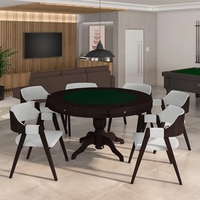 Conjunto Mesa de Jogos Carteado Bellagio Tampo Reversível Verde e 6 Cadeiras Madeira Poker Base Estrela Linho Cinza/Tabaco G42 - Gran Belo