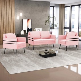 Kit 01 Namoradeira 02 Lugares e 02 Poltronas Mari Suede Rosa Bebê Pés Palito de Ferro - D'Rossi