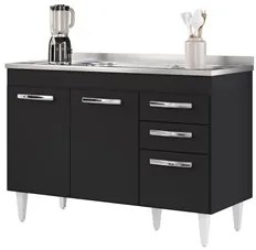 Balcão Gabinete com Pia Inox 120cm 3 Portas 2 Gavetas Suécia Preto - L