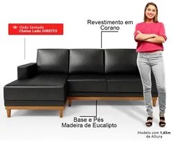 Sofá 200cm 3 Lugares Com Chaise Direito Kayrós D05 Couríssimo Preto -