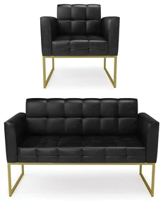 Kit 1 Sofá Namoradeira e 1 Poltrona Elisa Corano Preto Base Metálica Industrial Dourado - D'Rossi