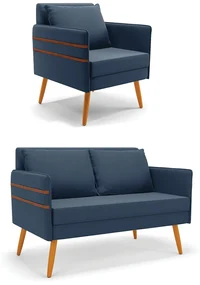 Kit 01 Namoradeira 02 Lugares e 01 Poltrona Mari Suede Pés Palito Castanho - D'Rossi - Azul Marinho