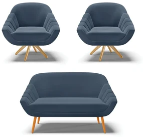 Kit 01 Namoradeira 02 Lugares e 02 Poltronas Giratória Giovana Suede Base Madeira MA30 - D'Rossi - Azul Marinho