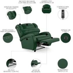 Poltrona do Papai Reclinável Kalie Power Touch Massagem FH9 PU Verde M