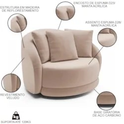 Poltrona Decorativa Giratória para Sala 122cm Kaly Z32 Veludo Bege - M
