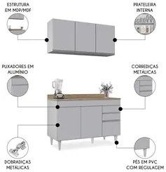 Armário de Cozinha Aéreo Virgínia e Balcão Com Tampo 120cm Michigan Ci