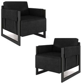 Kit 2 Poltronas Decorativa Sala de Estar Moria Base em Ferro Pu Preto G33 - Gran Belo