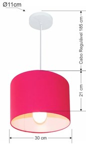 Kit/5 Lustre Pendente Cilíndrico Md-4054 Cúpula em Tecido 30x21cm Rosa Pink - Bivolt