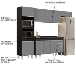 Armário de Cozinha Modulada 4 Peças CP11 Balcão com Tampo Preto/Cinza