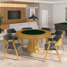 Conjunto Mesa de Jogos Carteado Bellagio Tampo Reversível e 6 Cadeiras Madeira Poker Base Cone Veludo Cinza Escuro/Mel G42 - Gran Belo