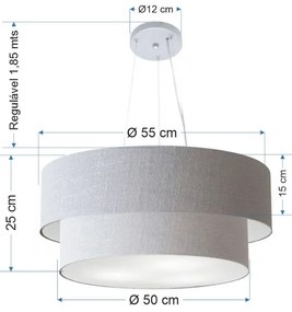 Lustre Pendente Duplo Cilíndrico Vivare Md-4370 Cúpula em Tecido 55x50cm - Bivolt