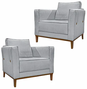 Kit 2 Poltronas Decorativas Pés em Madeira Tarantino Linho Cinza Rustico G63 - Gran Belo