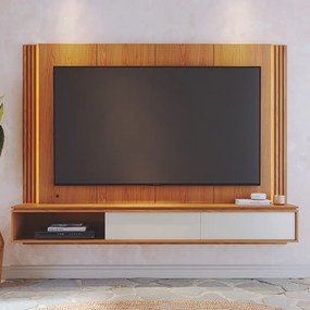 Painel TV 75 Pol 180cm Bancada Suspensa Ripado Led Duda C04 - D'Rossi - Freijó e Off White Matte