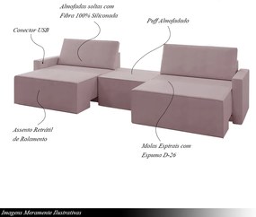 Sofá Retrátil Embutido Modulado com Puff 3 Lugares Xerxes 229cm Veludo Rosê G33 - Gran Belo