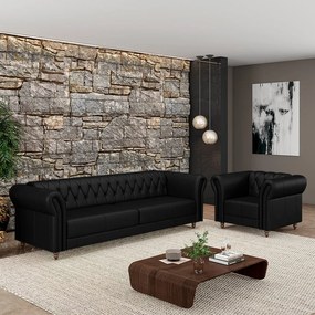 Conjunto Sala de Estar 1 Sofá Living 220cm e 1 Poltrona Stanford Chesterfield Pés Madeira Couro Preto Brilho G58 - Gran Belo