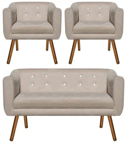 Kit 01 Namoradeira 02 Lugares e 02 Poltronas Julia Suede Bege com Strass Pés Palito Castanho D'Rossi