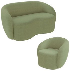 Conjunto 1 Sofá Living 180cm e 1 Poltrona Decorativa Sala de Estar Íbis Encosto Fixo Bouclê  Verde G33 - Gran Belo