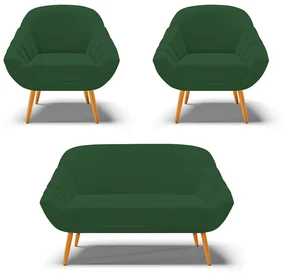 Kit 01 Namoradeira 02 Lugares e 02 Poltronas Giovana Veludo Verde Pés Palito Castanho - D'Rossi