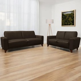 Conjunto de Sofás Decorativos 2 e 3 Lugares Emily Sala de Estar Pés em Eucalipto Couro Marrom Capuccino G40 - Gran Belo