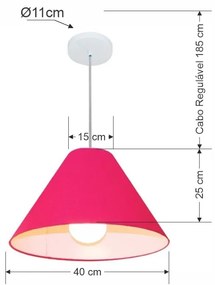 Lustre Pendente Cone Vivare Md-4078 Cúpula em Tecido 25/40x15cm - Bivolt - Rosa-Pink - 110V/220V