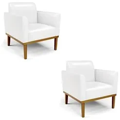 Poltrona Base Madeira Castanho Kit 2 Maressa Sintético PU Branco - Ibi