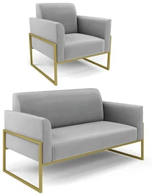 Sofá Namoradeira com Poltrona Base Industrial Alta Dourado Marisa Veludo Cinza D03 - D'Rossi