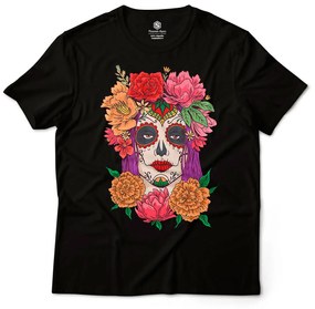 Camiseta Unissex Caveira Mexicana Mulher Dia de Los Muertos 2 - Preto - GG