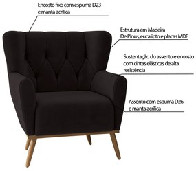 Poltrona Decorativa Pés Madeira Eivissa Veludo Preto G45 - Gran Belo