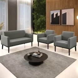 Sofá Namoradeira e 2 Poltronas Base Madeira Preto Maressa Suede Grafit