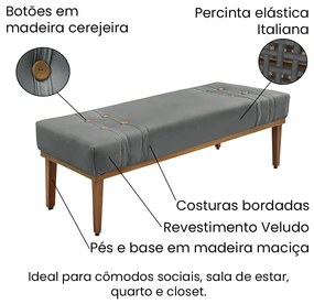 Divã Recamier Banco Base Madeira para Quarto Gênova 90cm Veludo Cinza S04 - D'Rossi