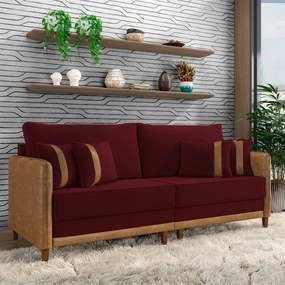 Sofá Living Montecarlo 2 Lugares Bipartido 212cm Pés em Madeira Veludo/PU Bordô/Caramelo G33 - Gran Belo