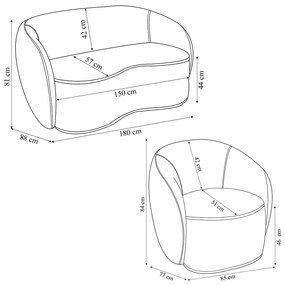 Conjunto 1 Sofá Living 180cm e 1 Poltrona Decorativa Sala de Estar Íbis Encosto Fixo Bouclê Off White G33 - Gran Belo