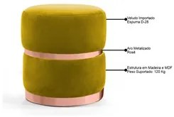 Puff Decorativo Com Cinto e Aro Rosê Round B-279 Veludo Amarelo - Domi