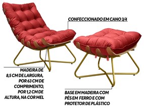 Conjunto Decorativo Poltrona e Puff Caim Base de Madeira Dourada Veludo Vermelho G41 - Gran Belo