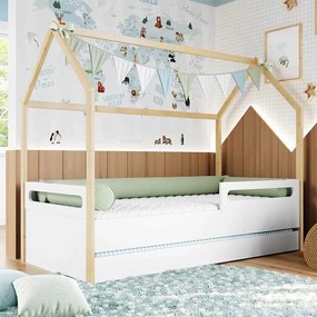 Cama Montessoriana Tivoli com Casinha e Grades de proteção com Cama Auxiliar - Branco e Natural