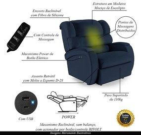 Poltrona do Papai Sala de Cinema Reclinável Kylie Power Touch Massagem USB PU Azul G23