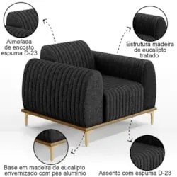 Poltrona Decorativa Base Gold Molino D06 Linho D-465 Chumbo  - Mpozena