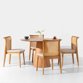 Conjunto Mesa de Jantar Dadi Orgânica Cinamomo - 1,20m + 4 Cadeiras Malai Encosto Palha Natural Linne - Cru