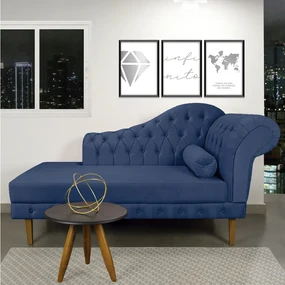 Divã Recamier Capitonê Mônaco 165 cm Suede Azul Marinho Pés Chanfrado - D'Rossi