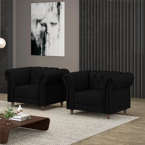 Kit 2 Poltronas Decorativas Sala de Estar Stanford Chesterfield Pés de Madeira Couro Preto G58 - Gran Belo