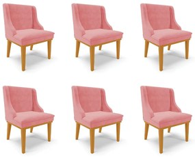 Kit 6 Cadeiras Decorativas Sala de Jantar Base Fixa de Madeira Firenze Suede Rose/Castanho G19 - Gran Belo