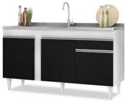 Balcão Gabinete com Pia Inox 150cm 3 Portas 1 Gaveta Dakota Branco/Pre