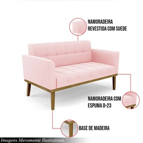 Poltrona Namoradeira Decorativa Karen Pés Fixo em Madeira Castanho Suede Rosa Bebê G19 - Gran Belo