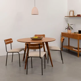 Conjunto Mesa de Jantar Square Laminada Redonda Natural - 1,18m + 4 Cadeiras Ribs Sarja - Deserto
