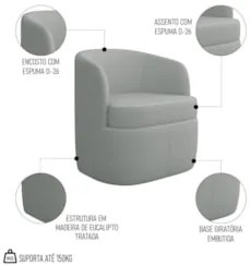 Kit 2 Poltronas Giratória Decorativa para Sala Dandara Z08 Boucle Cinz