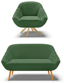 Kit 01 Namoradeira 02 Lugares e 01 Poltrona Giratória Giovana Suede Base Madeira MA30 - D'Rossi - Verde